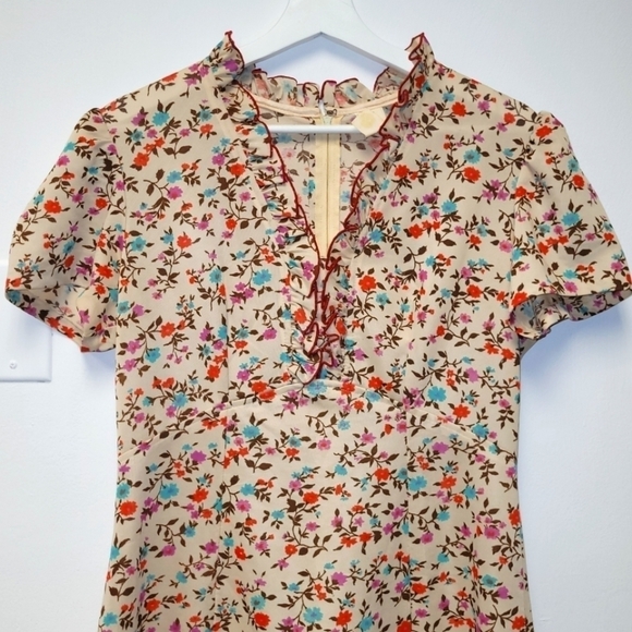Vintage 70s Montgomery Wards Beige Print Floral Spring Dress Size 16 - Picture 5 of 12